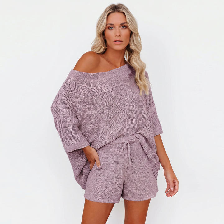 Off Shoulder Sweater and Shorts Two Piece Knit Set-Bon Voyage Vintage