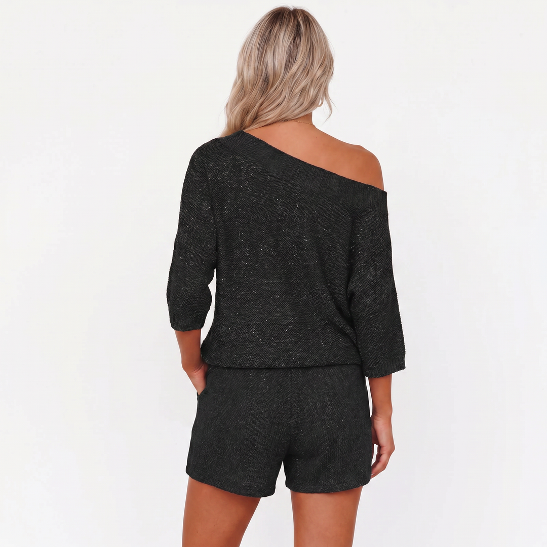 Off Shoulder Sweater and Shorts Two Piece Knit Set-Bon Voyage Vintage