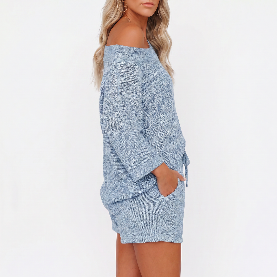 Off Shoulder Sweater and Shorts Two Piece Knit Set-Bon Voyage Vintage