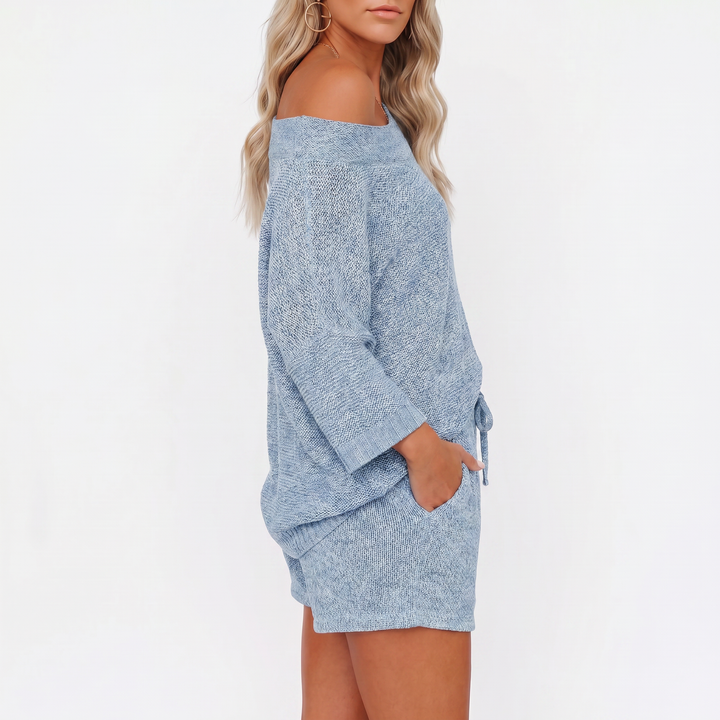 Off Shoulder Sweater and Shorts Two Piece Knit Set-Bon Voyage Vintage