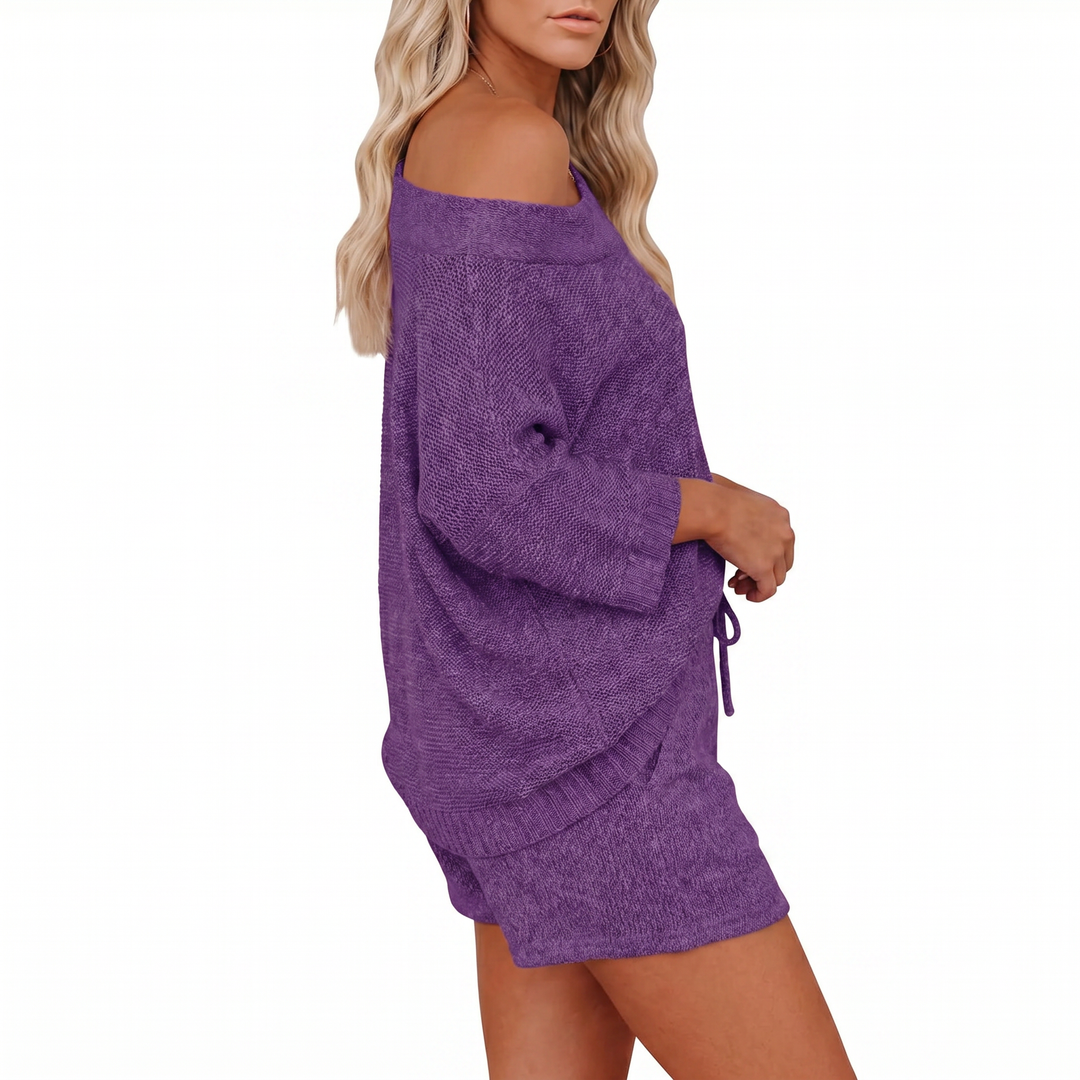 Off Shoulder Sweater and Shorts Two Piece Knit Set-Bon Voyage Vintage