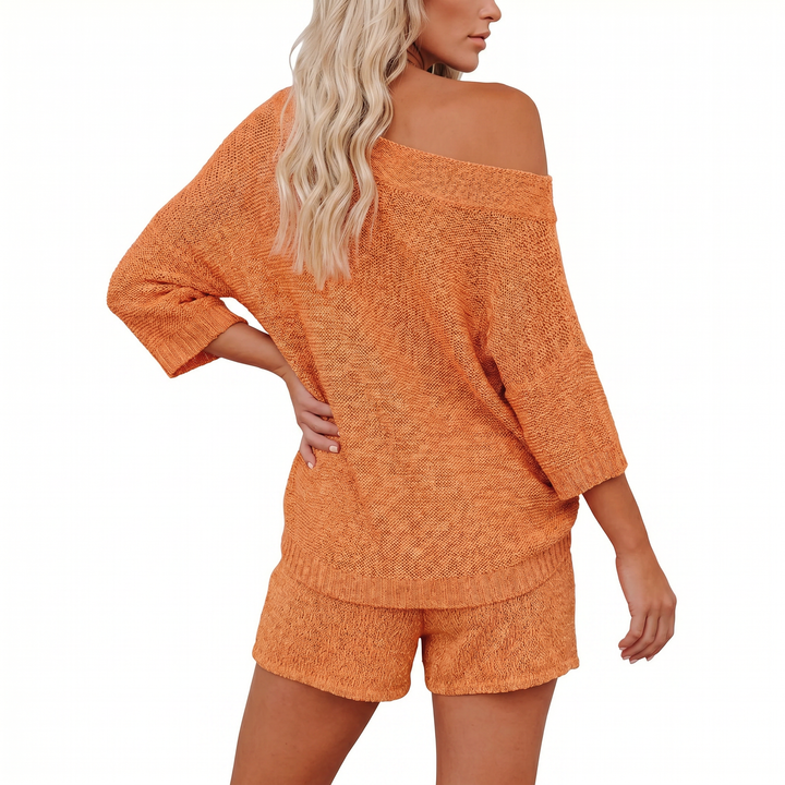 Off Shoulder Sweater and Shorts Two Piece Knit Set-Bon Voyage Vintage