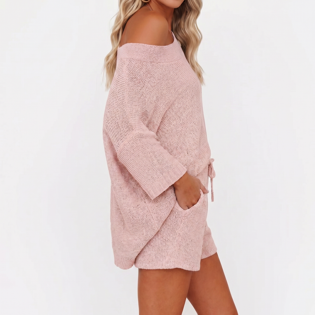 Off Shoulder Sweater and Shorts Two Piece Knit Set-Bon Voyage Vintage