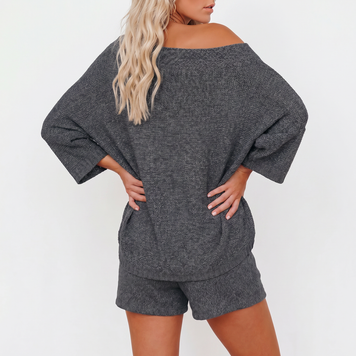 Off Shoulder Sweater and Shorts Two Piece Knit Set-Bon Voyage Vintage