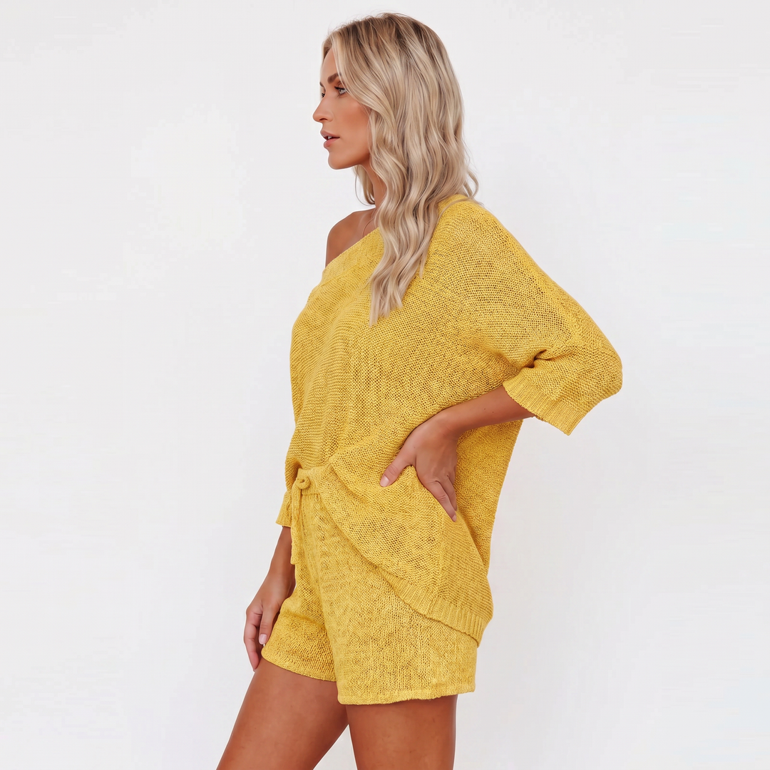 Off Shoulder Sweater and Shorts Two Piece Knit Set-Bon Voyage Vintage