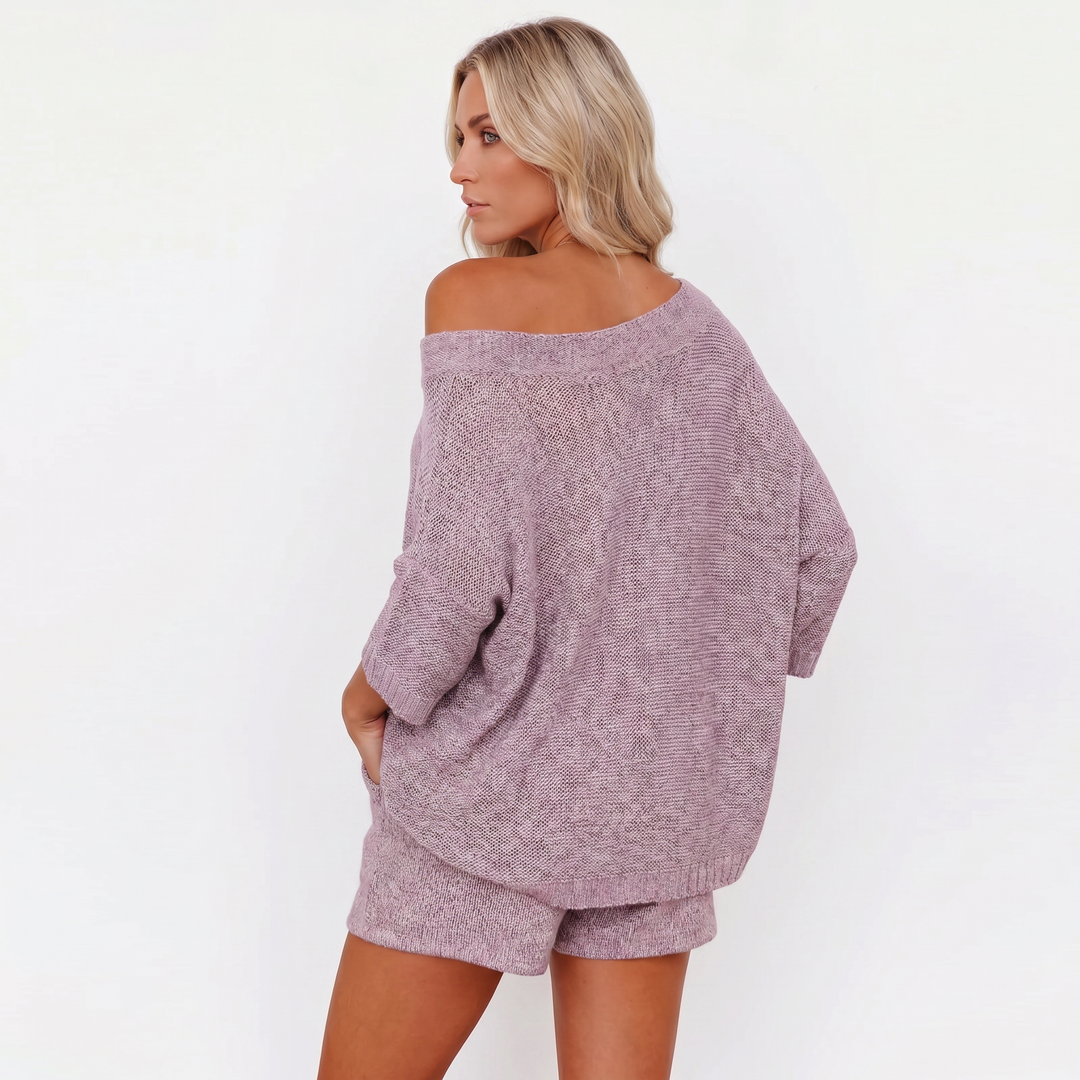 Off Shoulder Sweater and Shorts Two Piece Knit Set-Bon Voyage Vintage