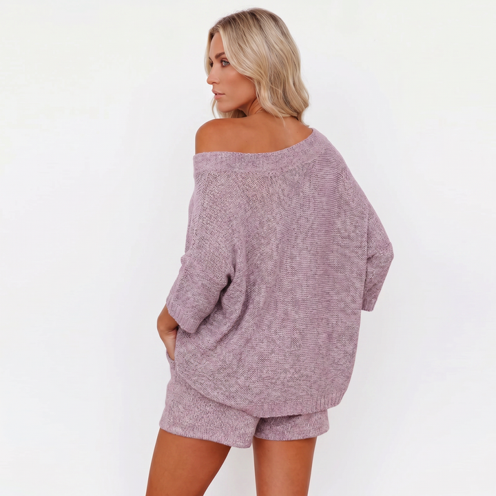 Off Shoulder Sweater and Shorts Two Piece Knit Set-Bon Voyage Vintage