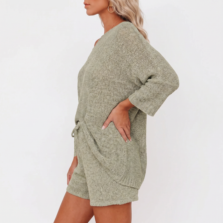 Off Shoulder Sweater and Shorts Two Piece Knit Set-Bon Voyage Vintage