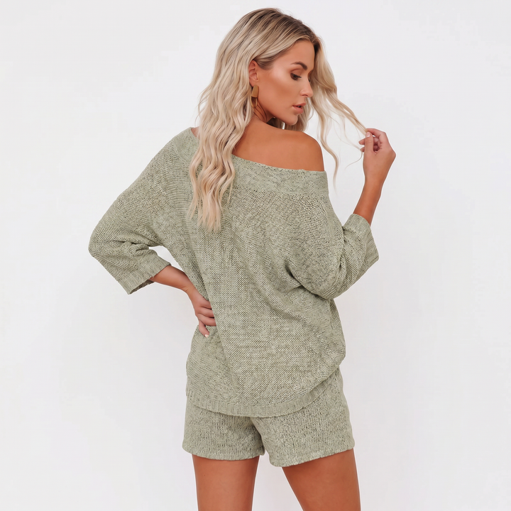 Off Shoulder Sweater and Shorts Two Piece Knit Set-Bon Voyage Vintage