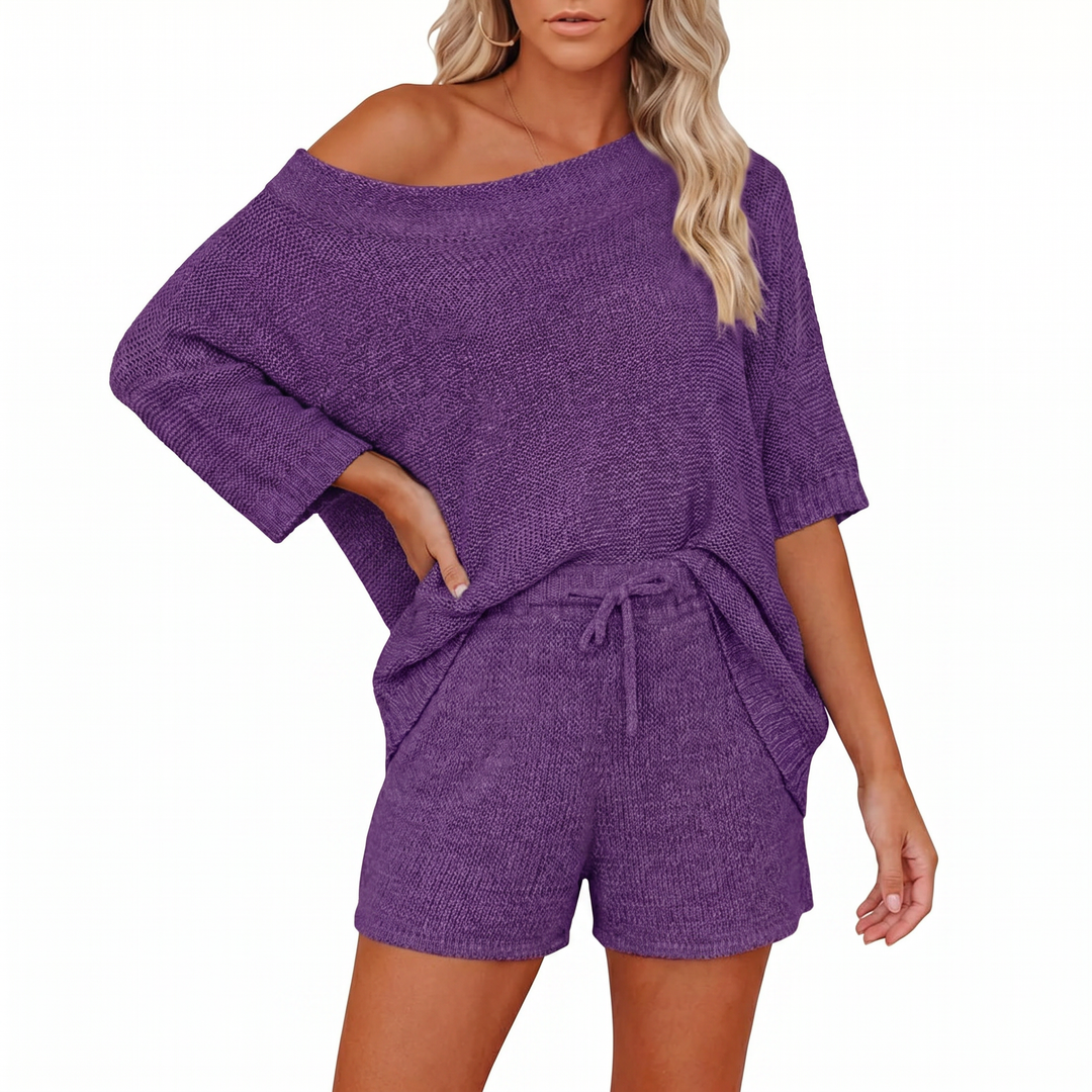 Off Shoulder Sweater and Shorts Two Piece Knit Set-Bon Voyage Vintage