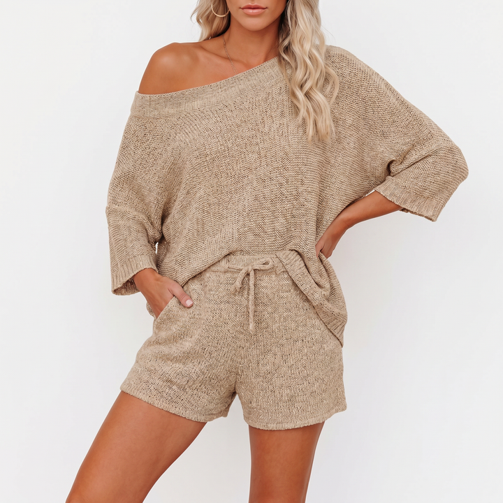 Off Shoulder Sweater and Shorts Two Piece Knit Set-Bon Voyage Vintage