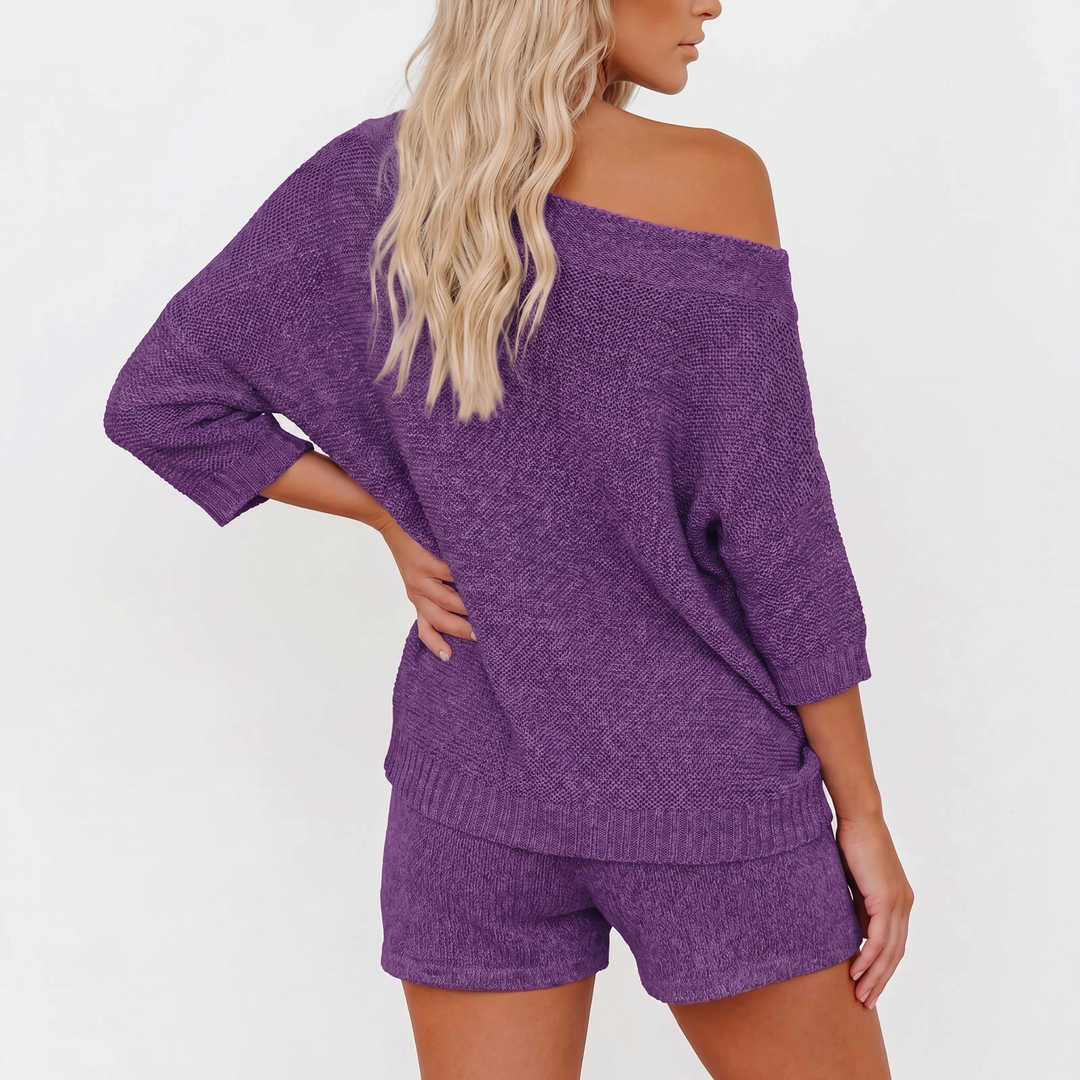 Off Shoulder Sweater and Shorts Two Piece Knit Set-Bon Voyage Vintage