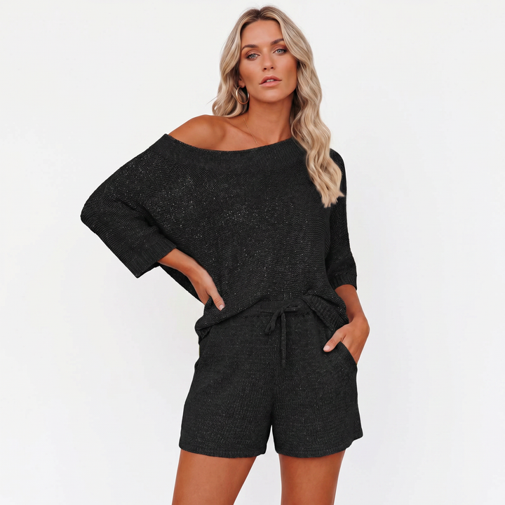 Off Shoulder Sweater and Shorts Two Piece Knit Set-Bon Voyage Vintage