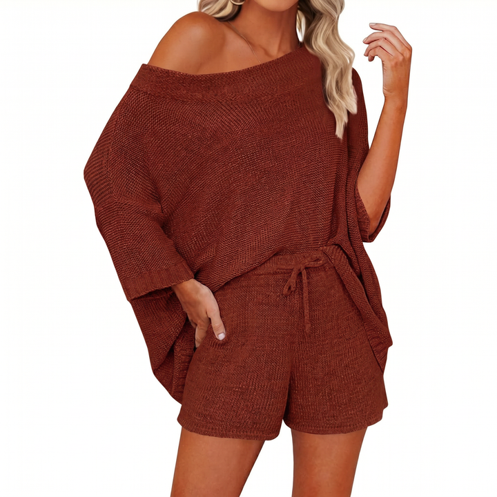 Off Shoulder Sweater and Shorts Two Piece Knit Set-Bon Voyage Vintage