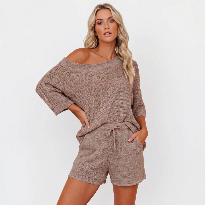 Off Shoulder Sweater and Shorts Two Piece Knit Set-Bon Voyage Vintage
