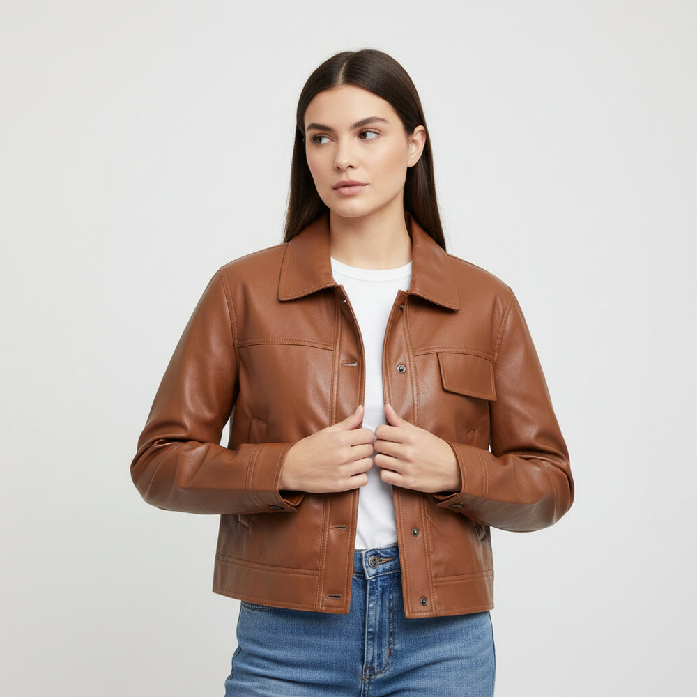 PU Leather Lapel Short Jacket-Bon Voyage Vintage