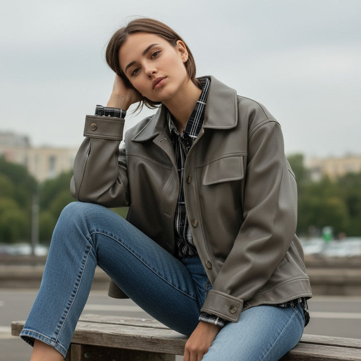 PU Leather Lapel Short Jacket-Bon Voyage Vintage