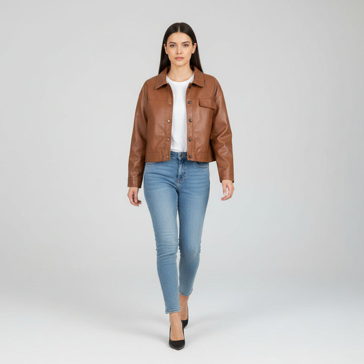 PU Leather Lapel Short Jacket-Bon Voyage Vintage