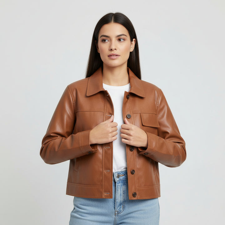 PU Leather Lapel Short Jacket-Bon Voyage Vintage