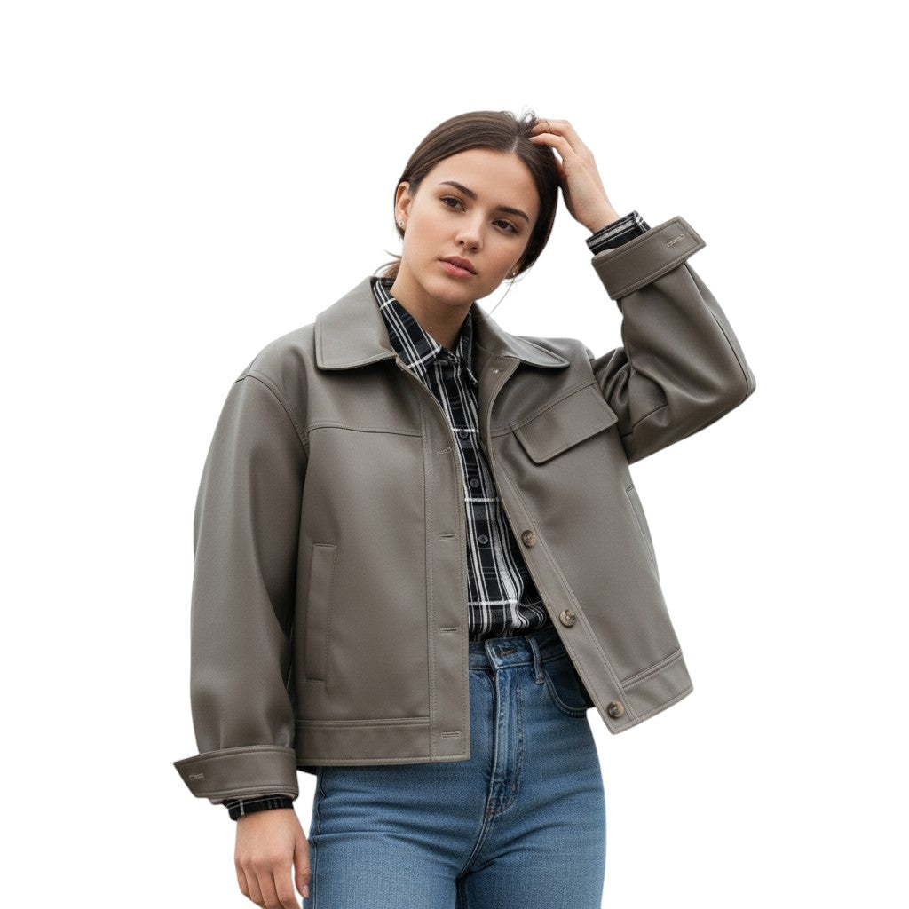 PU Leather Lapel Short Jacket-Bon Voyage Vintage