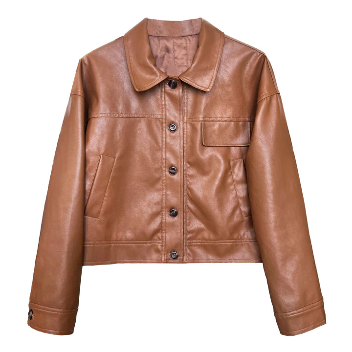 PU Leather Lapel Short Jacket-Bon Voyage Vintage