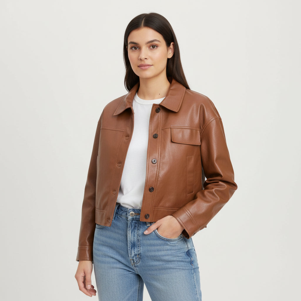 PU Leather Lapel Short Jacket-Bon Voyage Vintage
