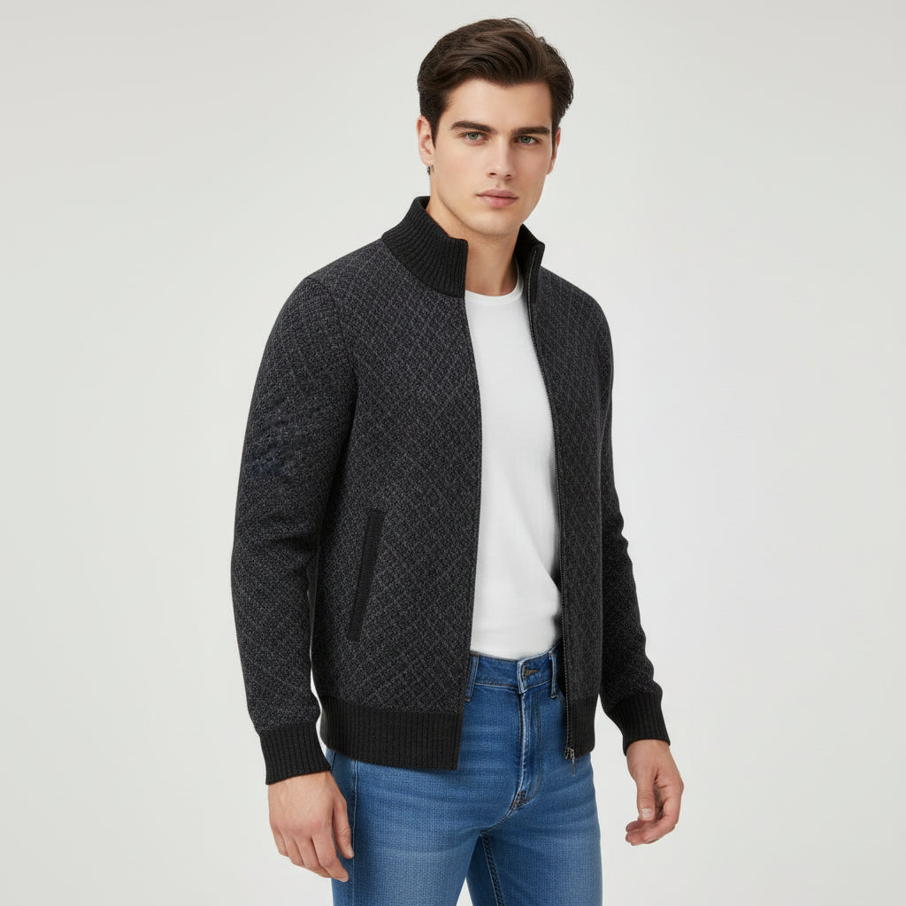 Plaid Print Jacket Cardigan Slim Fit Zipper Stand Collar Sweater-Bon Voyage Vintage