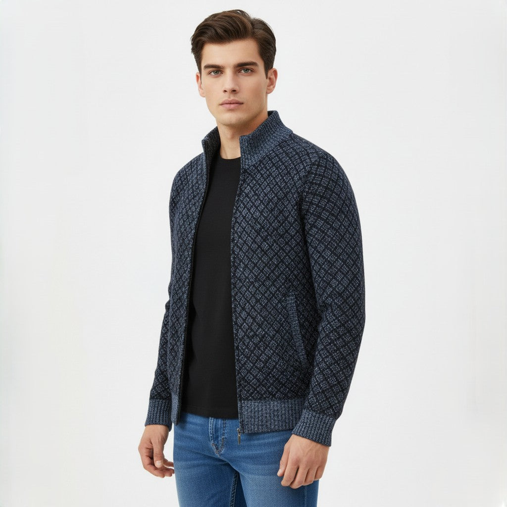 Plaid Print Jacket Cardigan Slim Fit Zipper Stand Collar Sweater-Bon Voyage Vintage