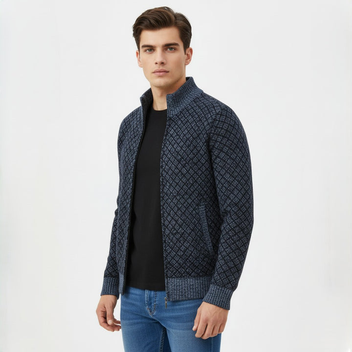 Plaid Print Jacket Cardigan Slim Fit Zipper Stand Collar Sweater-Bon Voyage Vintage
