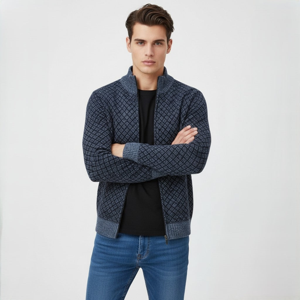 Plaid Print Jacket Cardigan Slim Fit Zipper Stand Collar Sweater-Bon Voyage Vintage