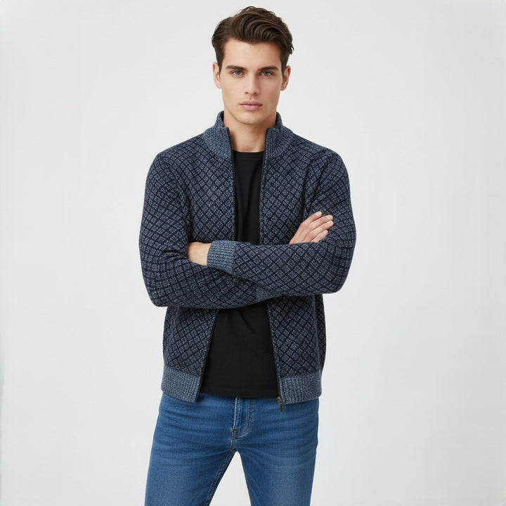 Plaid Print Jacket Cardigan Slim Fit Zipper Stand Collar Sweater-Bon Voyage Vintage