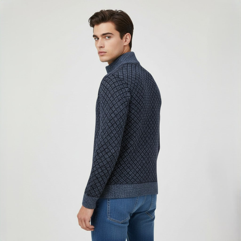 Plaid Print Jacket Cardigan Slim Fit Zipper Stand Collar Sweater-Bon Voyage Vintage