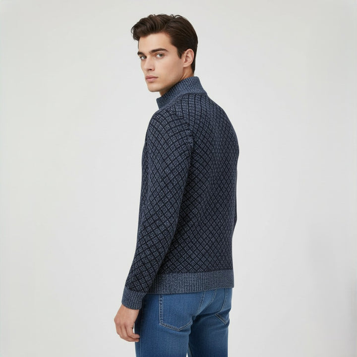 Plaid Print Jacket Cardigan Slim Fit Zipper Stand Collar Sweater-Bon Voyage Vintage