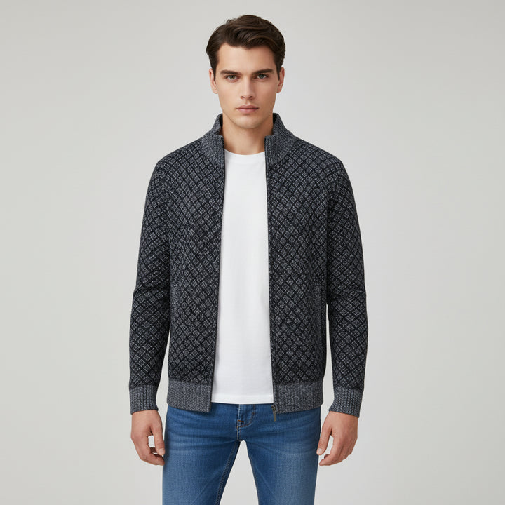 Plaid Print Jacket Cardigan Slim Fit Zipper Stand Collar Sweater-Bon Voyage Vintage