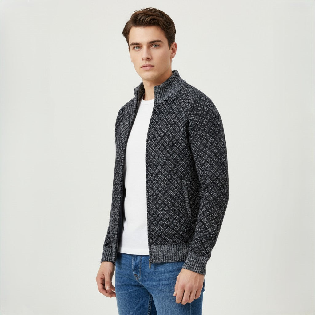 Plaid Print Jacket Cardigan Slim Fit Zipper Stand Collar Sweater-Bon Voyage Vintage