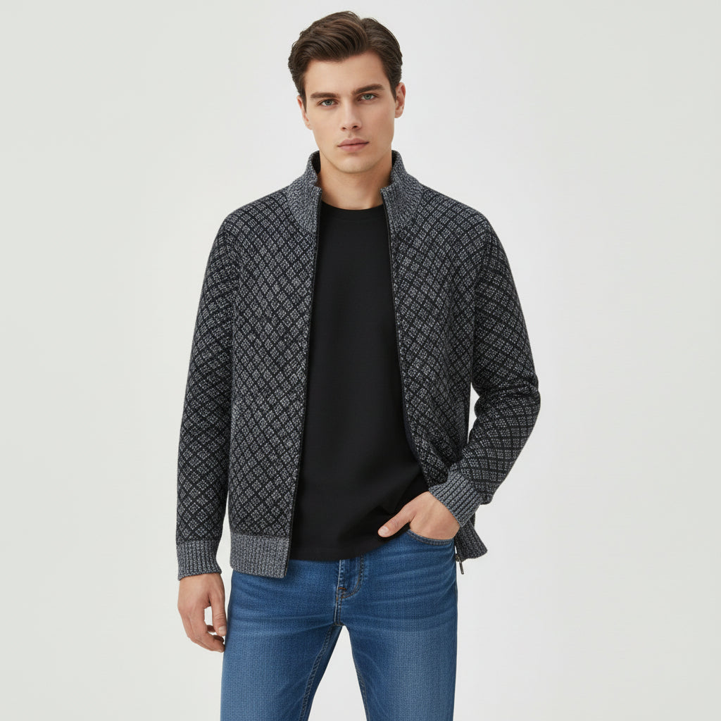 Plaid Print Jacket Cardigan Slim Fit Zipper Stand Collar Sweater-Bon Voyage Vintage