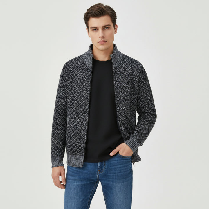 Plaid Print Jacket Cardigan Slim Fit Zipper Stand Collar Sweater-Bon Voyage Vintage