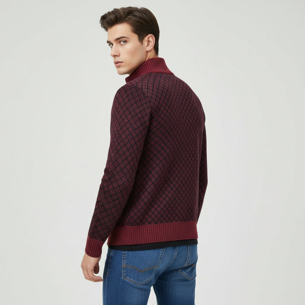 Plaid Print Jacket Cardigan Slim Fit Zipper Stand Collar Sweater-Bon Voyage Vintage