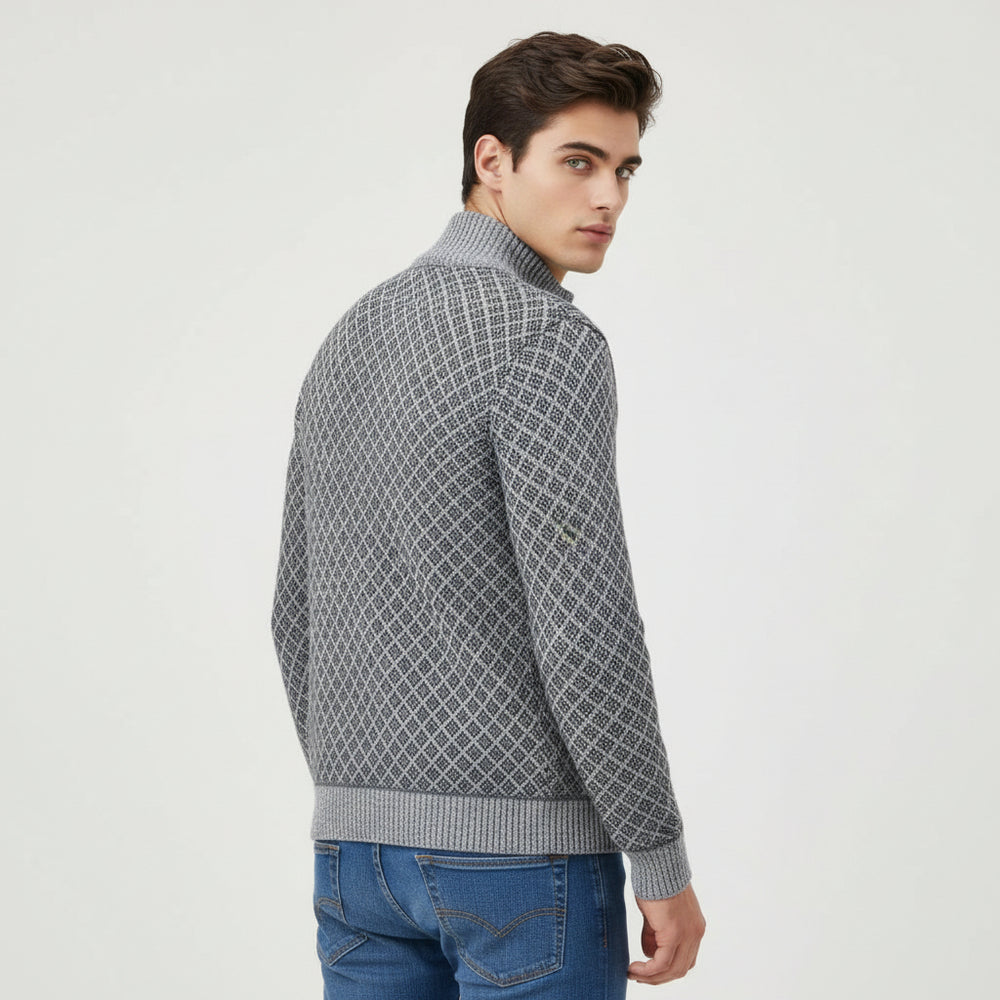 Plaid Print Jacket Cardigan Slim Fit Zipper Stand Collar Sweater-Bon Voyage Vintage