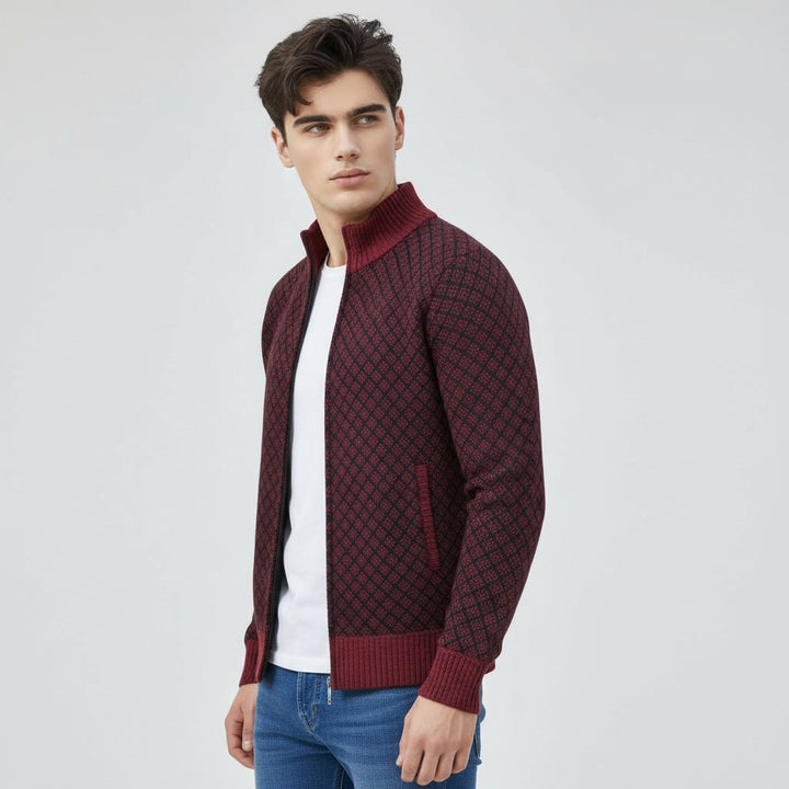 Plaid Print Jacket Cardigan Slim Fit Zipper Stand Collar Sweater-Bon Voyage Vintage