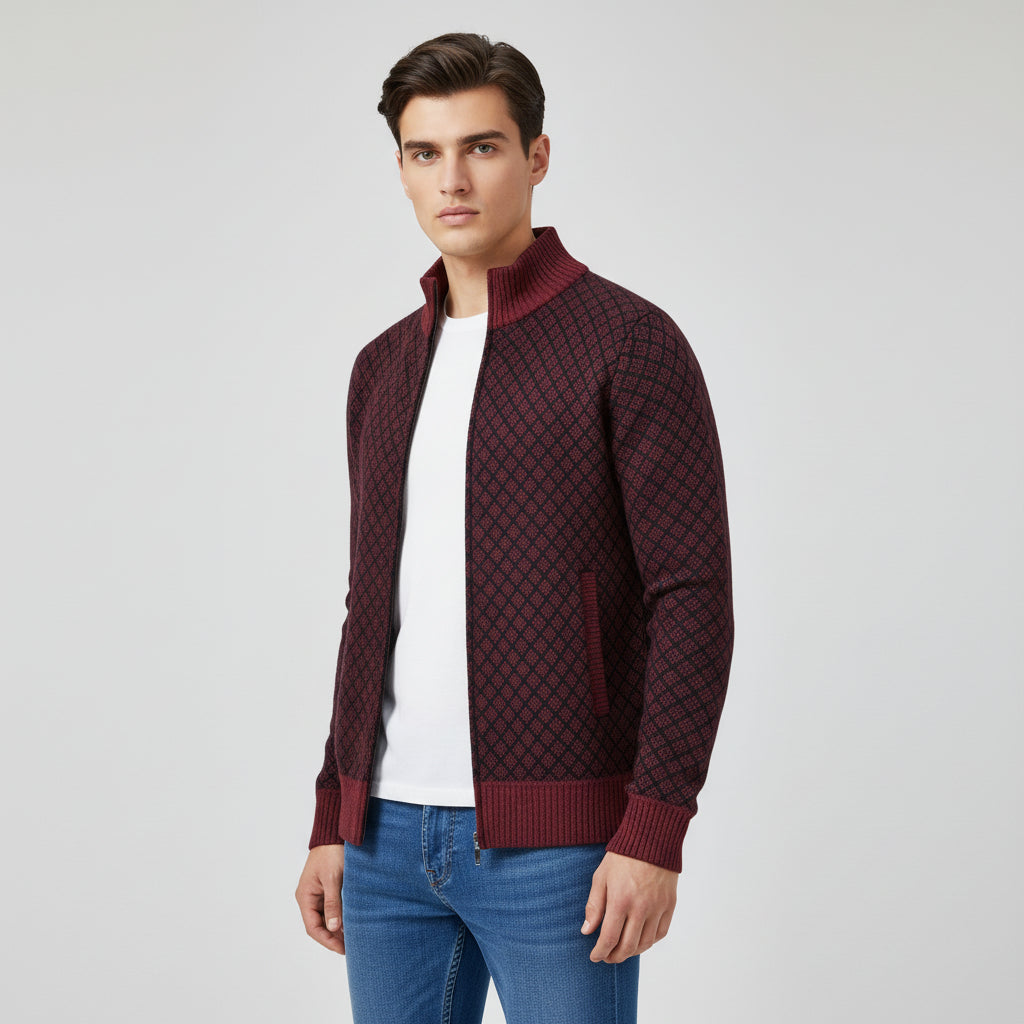 Plaid Print Jacket Cardigan Slim Fit Zipper Stand Collar Sweater-Bon Voyage Vintage