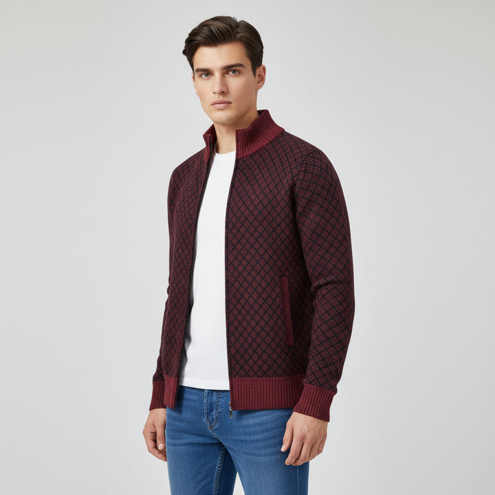 Plaid Print Jacket Cardigan Slim Fit Zipper Stand Collar Sweater-Bon Voyage Vintage