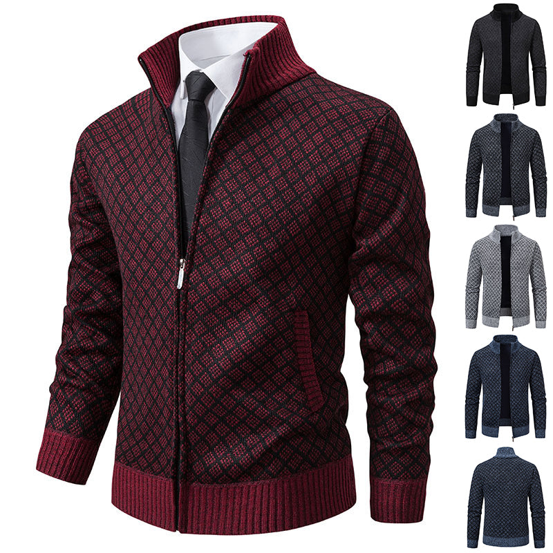 Plaid Print Jacket Cardigan Slim Fit Zipper Stand Collar Sweater-Bon Voyage Vintage