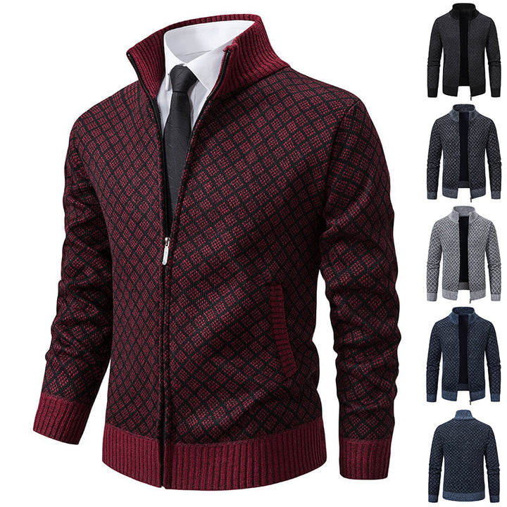 Plaid Print Jacket Cardigan Slim Fit Zipper Stand Collar Sweater-Bon Voyage Vintage