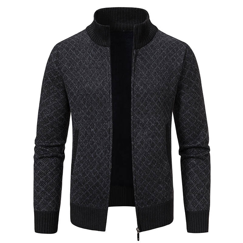 Plaid Print Jacket Cardigan Slim Fit Zipper Stand Collar Sweater-Bon Voyage Vintage