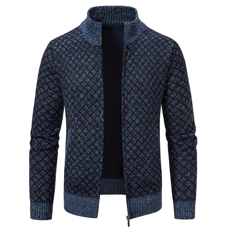 Plaid Print Jacket Cardigan Slim Fit Zipper Stand Collar Sweater-Bon Voyage Vintage