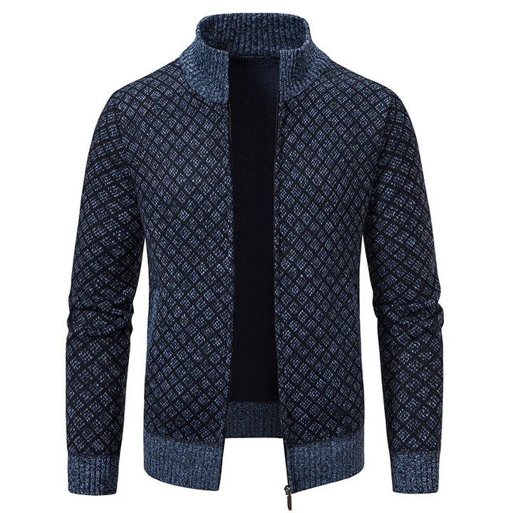 Plaid Print Jacket Cardigan Slim Fit Zipper Stand Collar Sweater-Bon Voyage Vintage