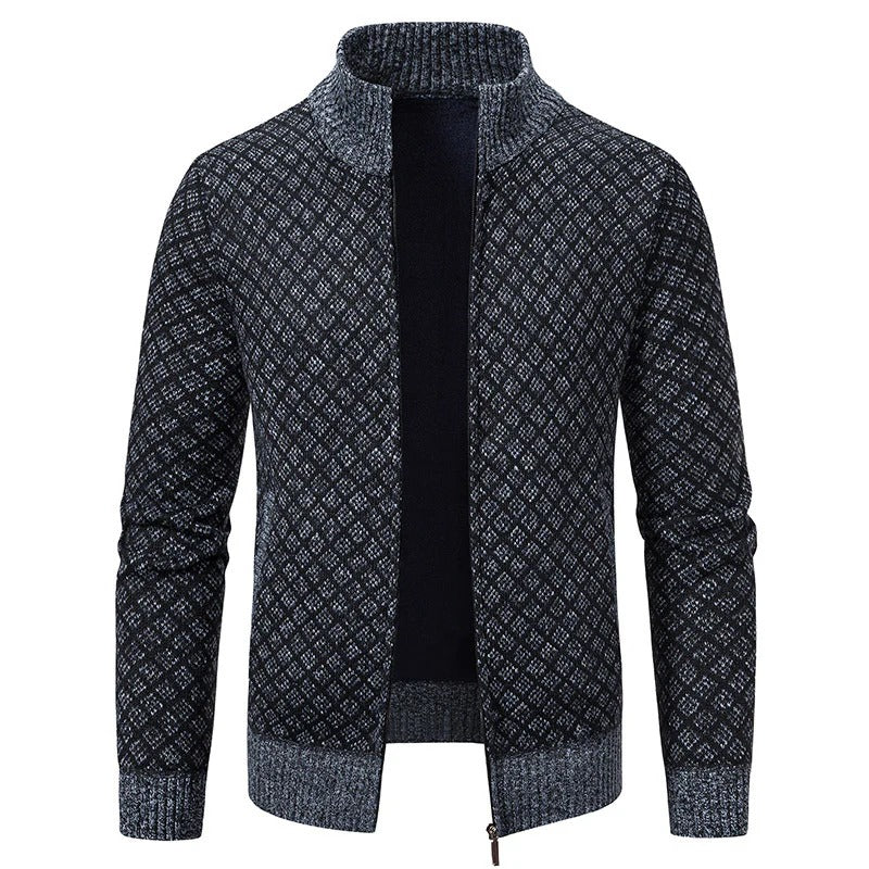 Plaid Print Jacket Cardigan Slim Fit Zipper Stand Collar Sweater-Bon Voyage Vintage
