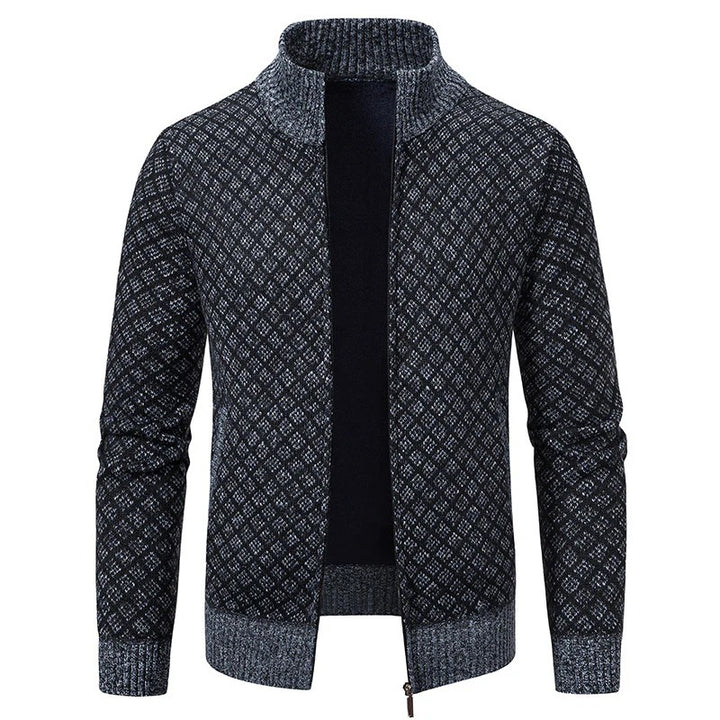 Plaid Print Jacket Cardigan Slim Fit Zipper Stand Collar Sweater-Bon Voyage Vintage
