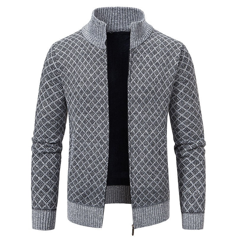 Plaid Print Jacket Cardigan Slim Fit Zipper Stand Collar Sweater-Bon Voyage Vintage